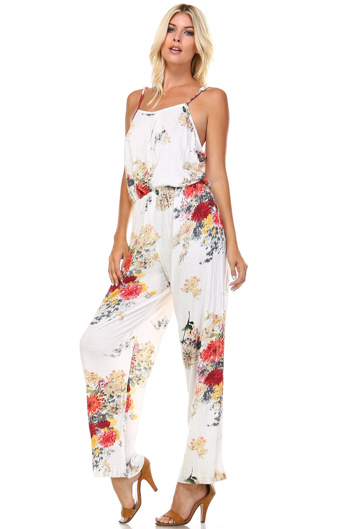 Women's Printed V-Back Elastic Waistline Jumpsuit - YuppyCollections