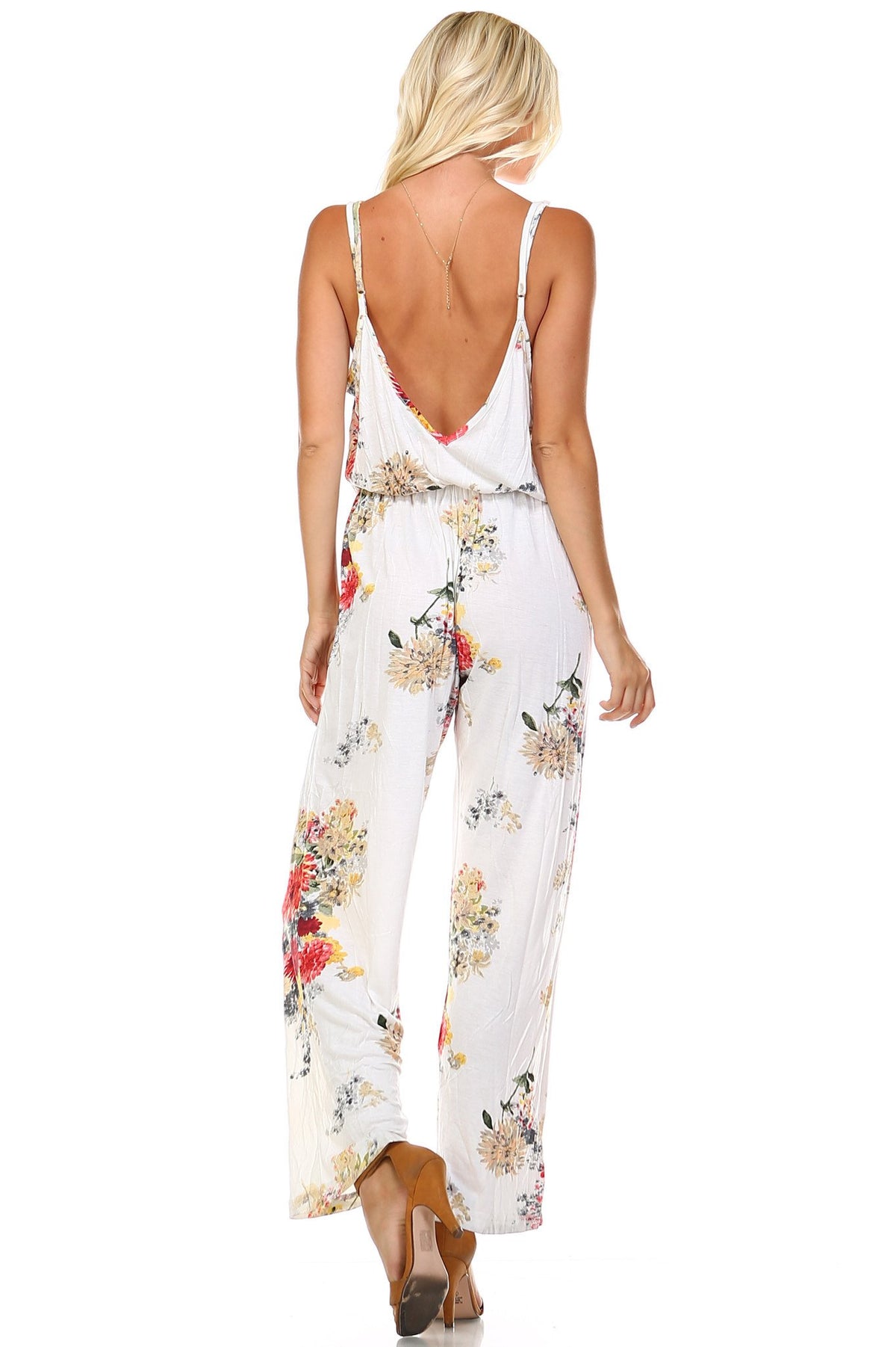 Women's Printed V-Back Elastic Waistline Jumpsuit - YuppyCollections