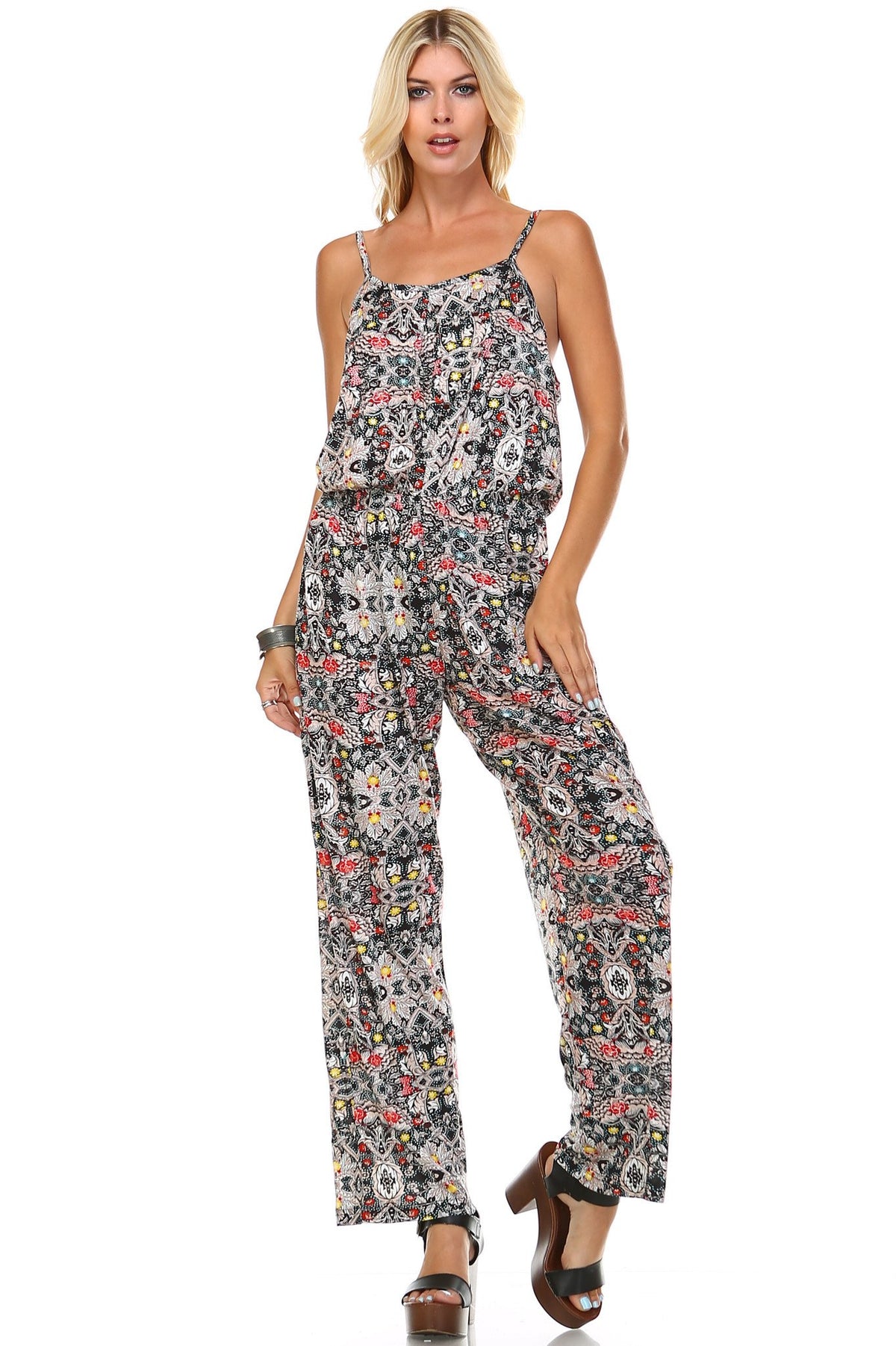 Women's Printed V-Back Elastic Waistline Jumpsuit - YuppyCollections