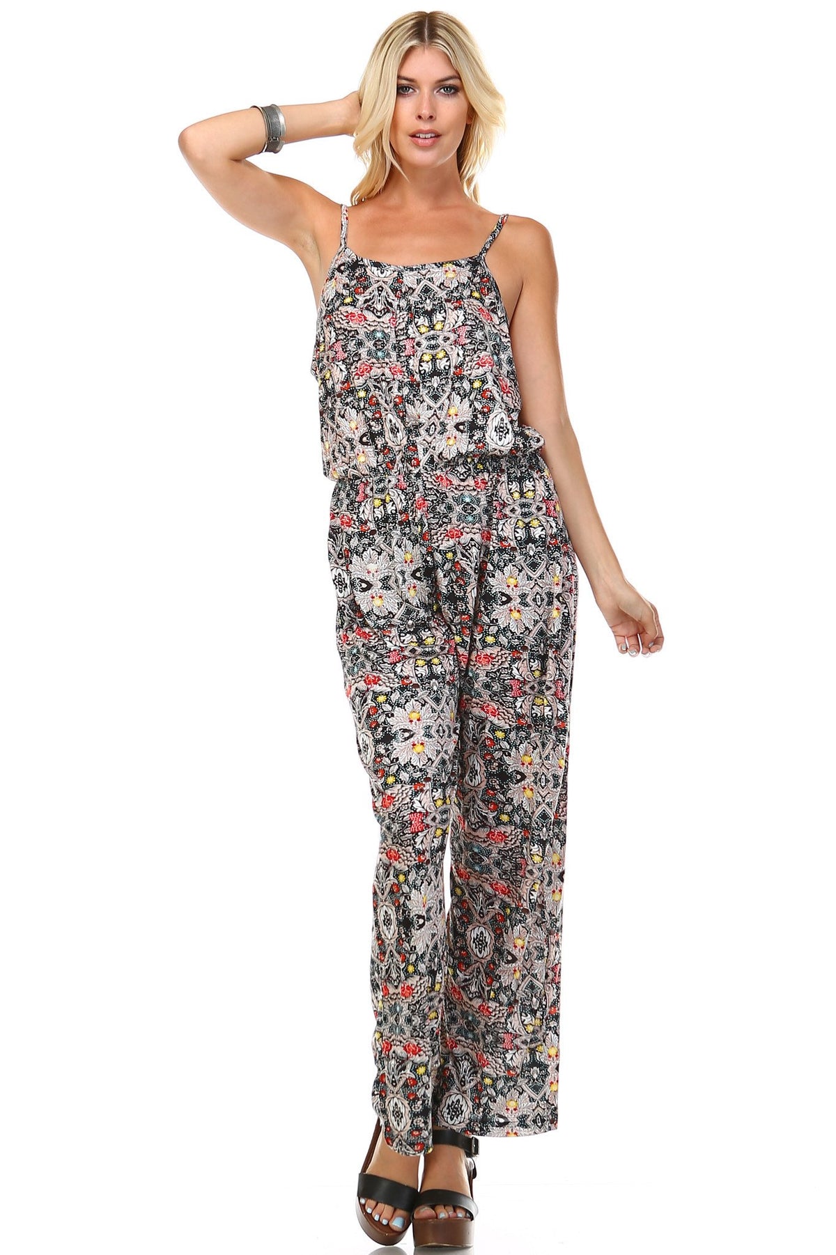 Women's Printed V-Back Elastic Waistline Jumpsuit - YuppyCollections