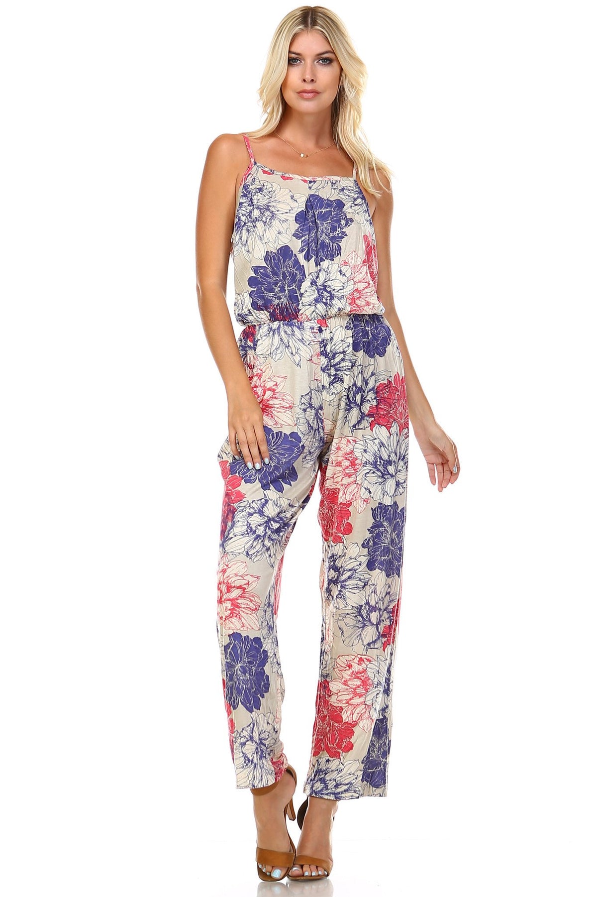 Women's Printed V-Back Elastic Waistline Jumpsuit - YuppyCollections