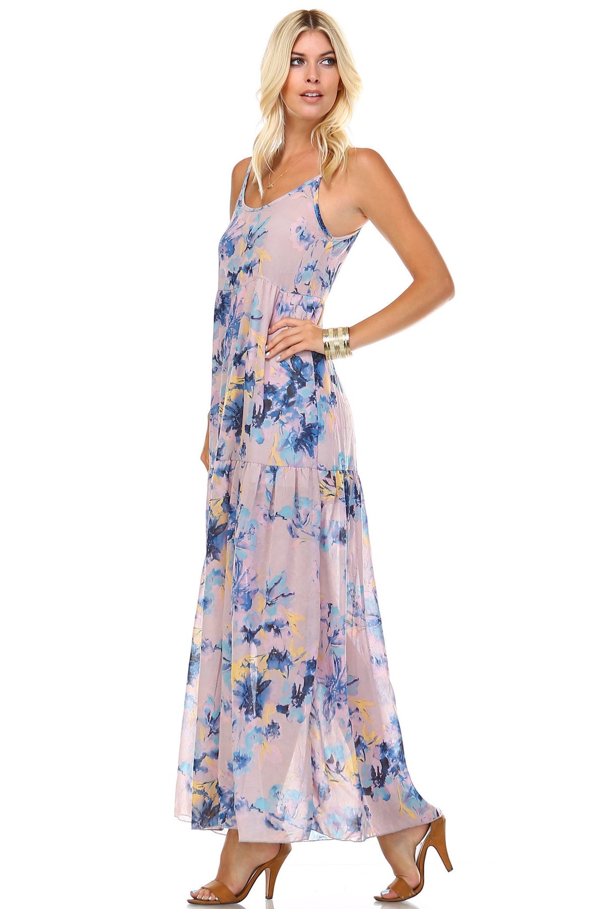 Women's Floral Printed Sleeveless Chiffon Maxi Dress - YuppyCollections