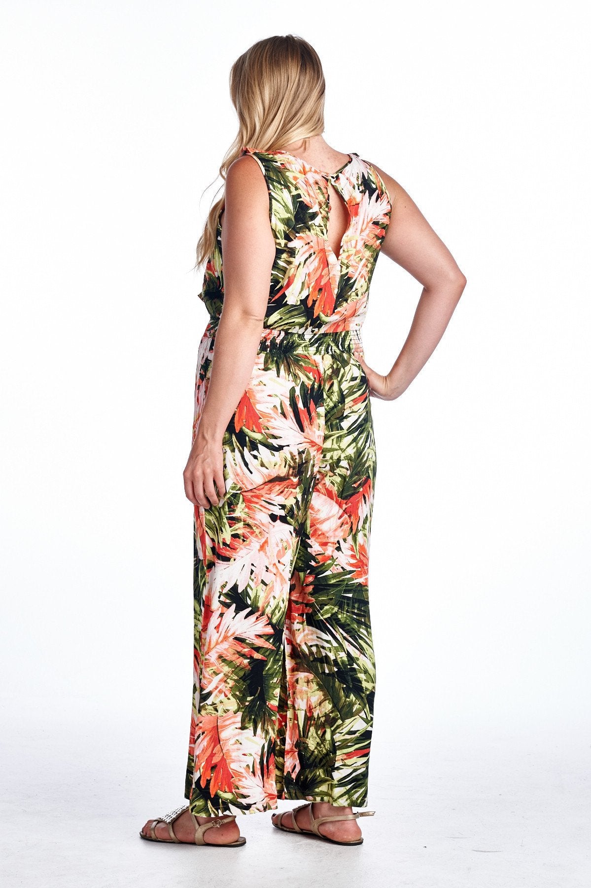 Women's Plus Size Tropical Print Sleeveless Jumpsuit - YuppyCollections