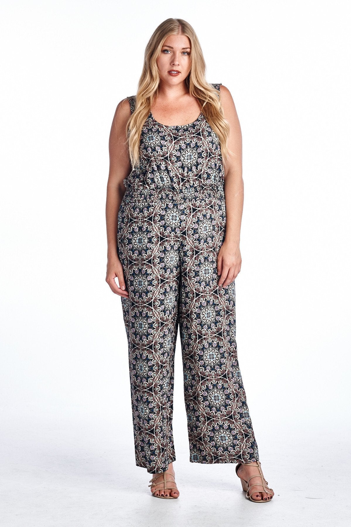 Women's Plus Size Medallion Print Sleeveless Jumpsuit - YuppyCollections