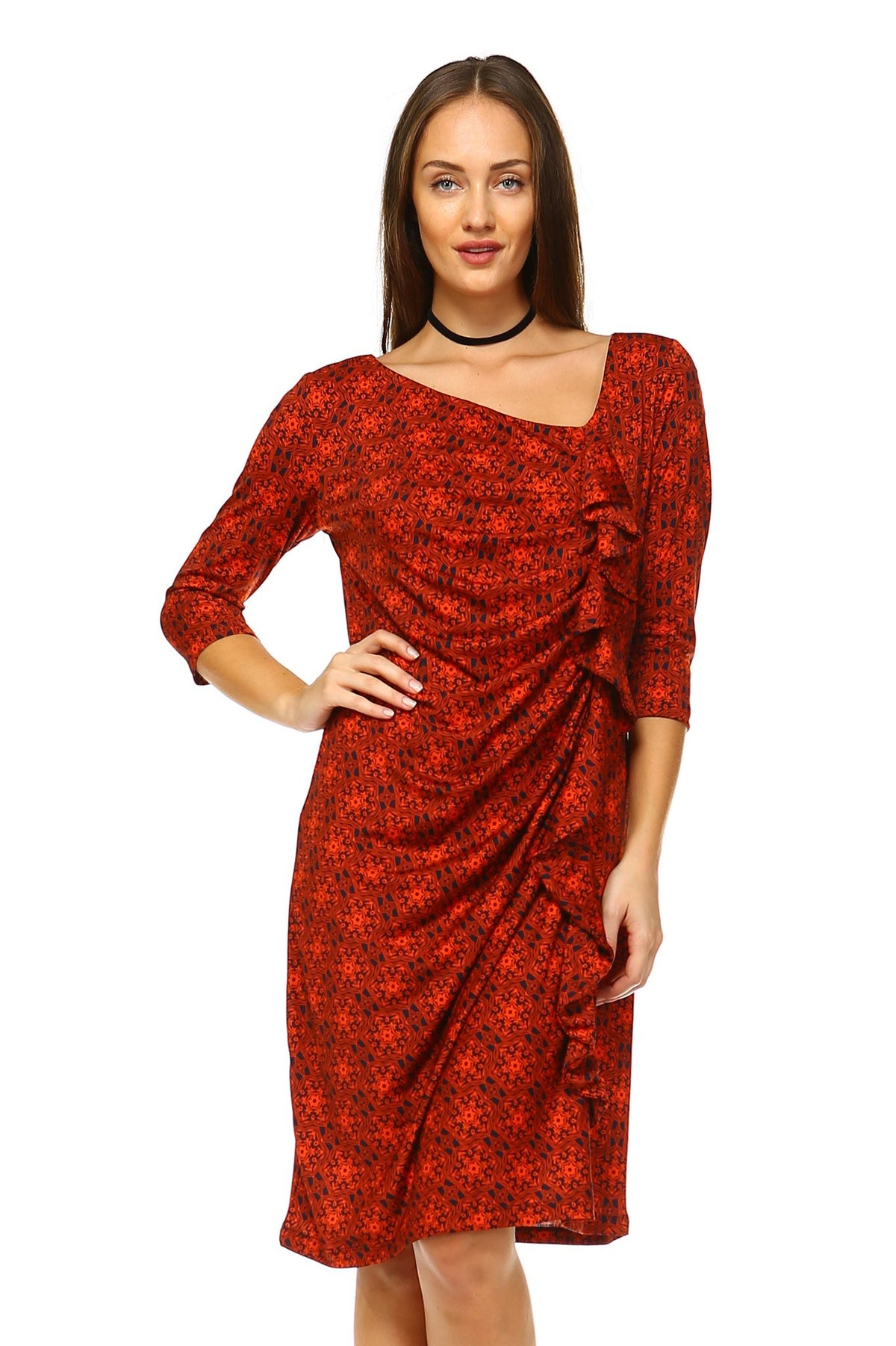 Women's 3/4 Three Quarter Sleeve Midi Dress with Geometric Pattern - YuppyCollections