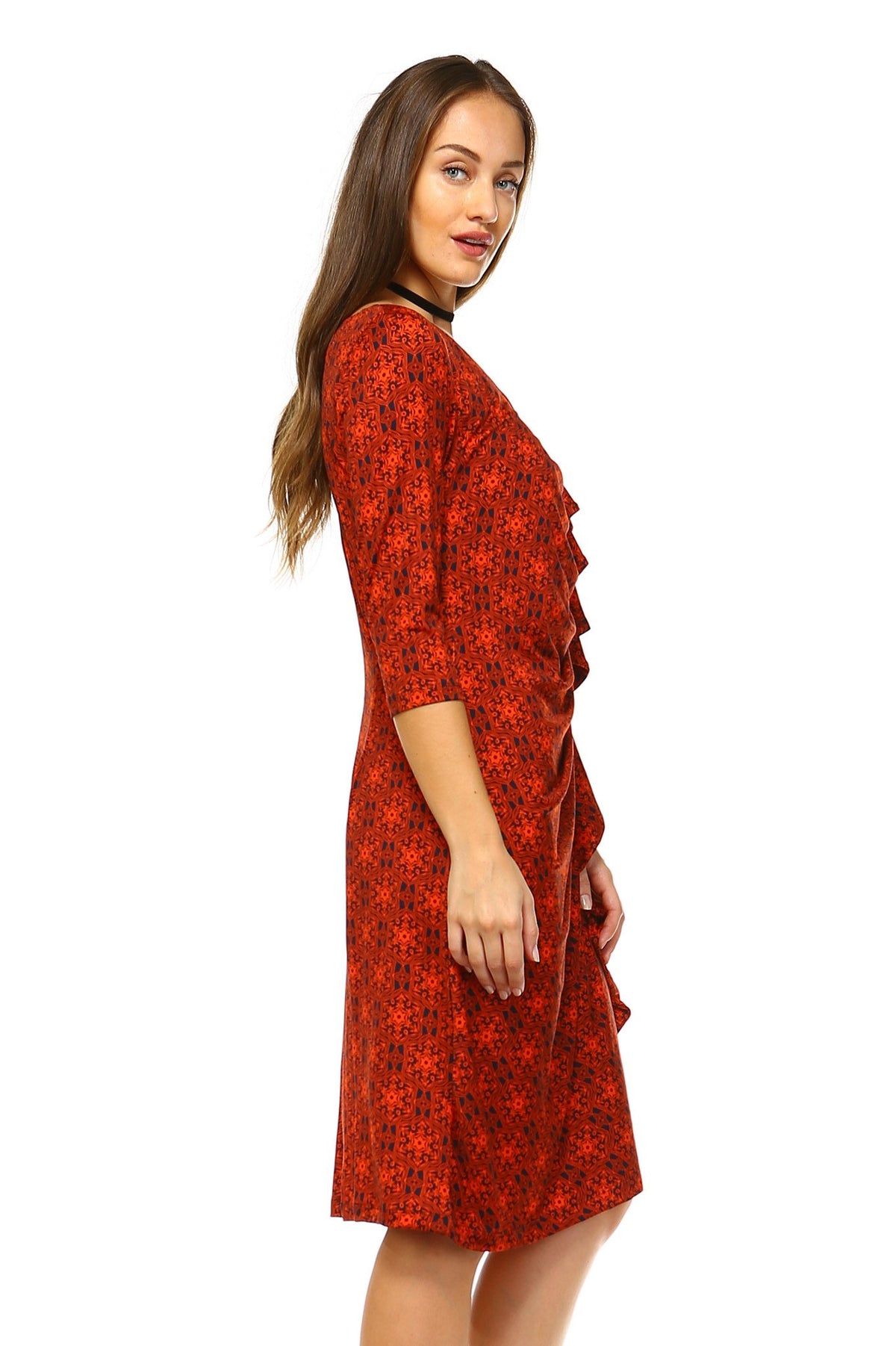 Women's 3/4 Three Quarter Sleeve Midi Dress with Geometric Pattern - YuppyCollections