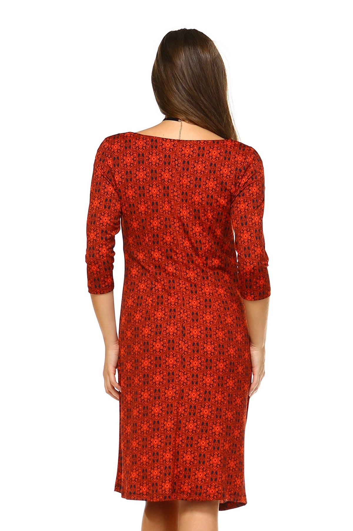 Women's 3/4 Three Quarter Sleeve Midi Dress with Geometric Pattern - YuppyCollections