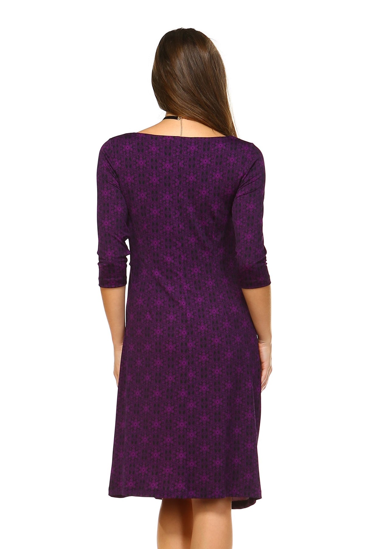 Women's 3/4 Three Quarter Sleeve Midi Dress with Geometric Pattern - YuppyCollections