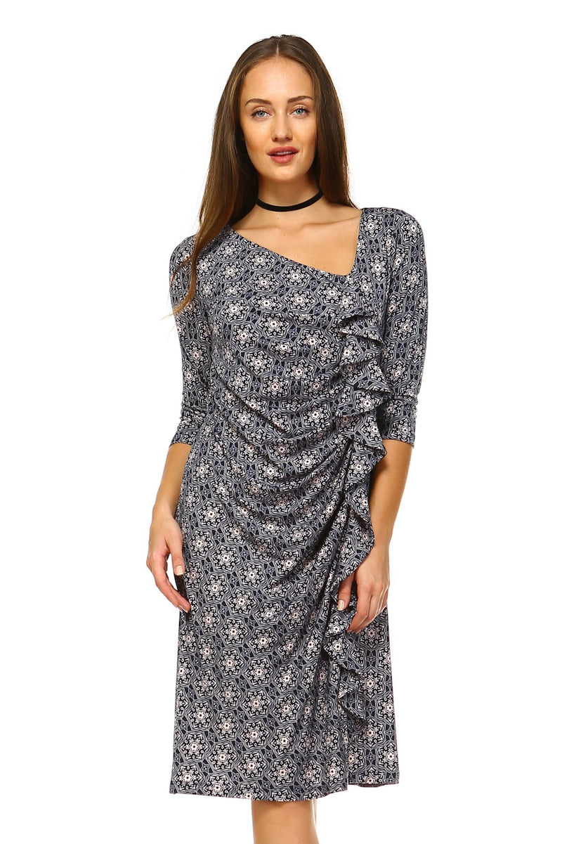 Women's 3/4 Three Quarter Sleeve Midi Dress with Geometric Pattern - YuppyCollections