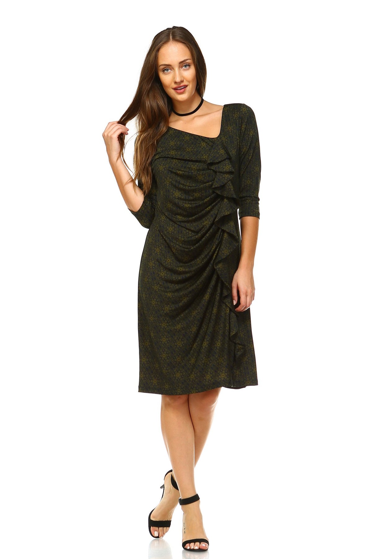 Women's 3/4 Three Quarter Sleeve Midi Dress with Geometric Pattern - YuppyCollections