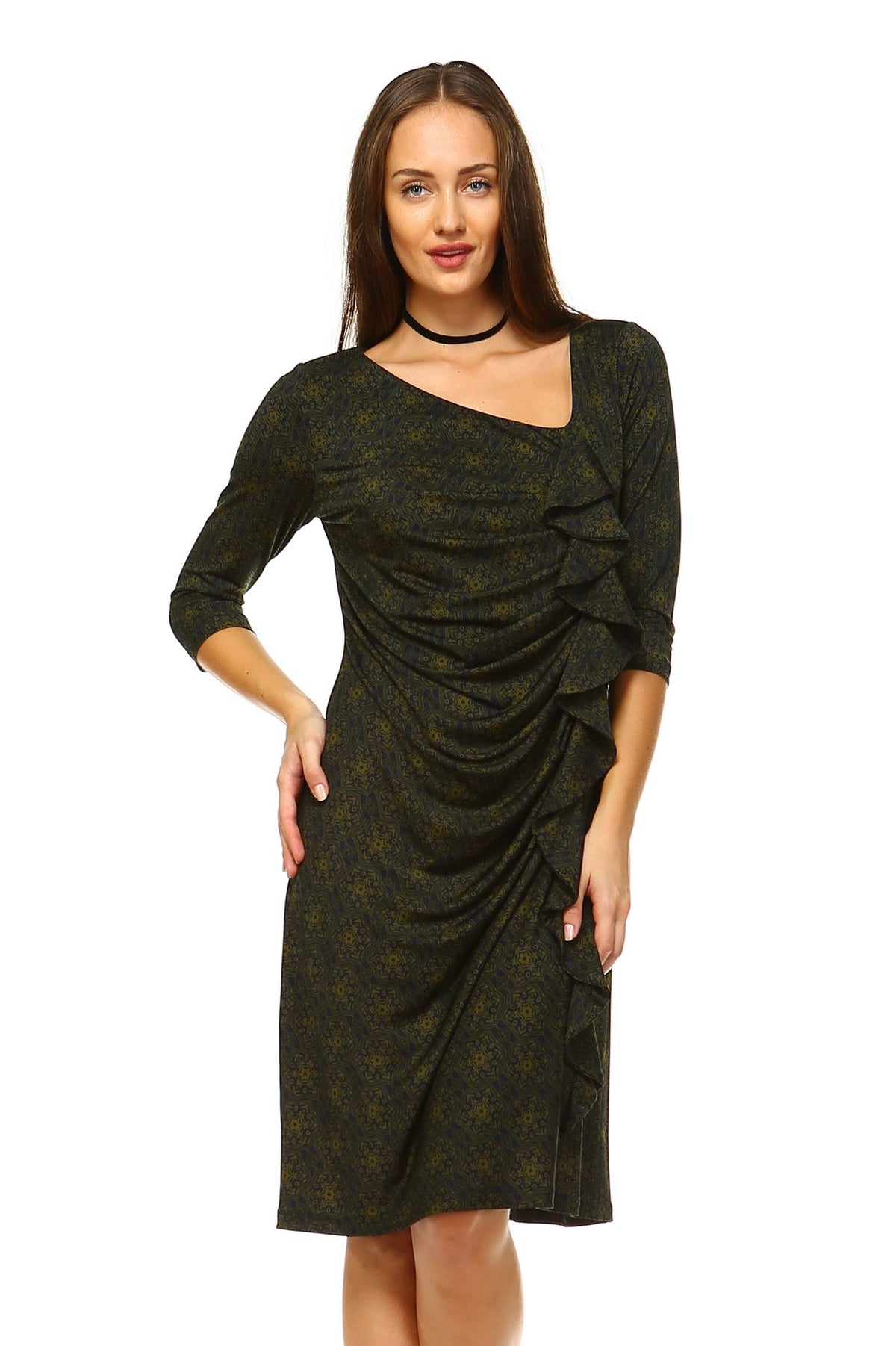 Women's 3/4 Three Quarter Sleeve Midi Dress with Geometric Pattern - YuppyCollections