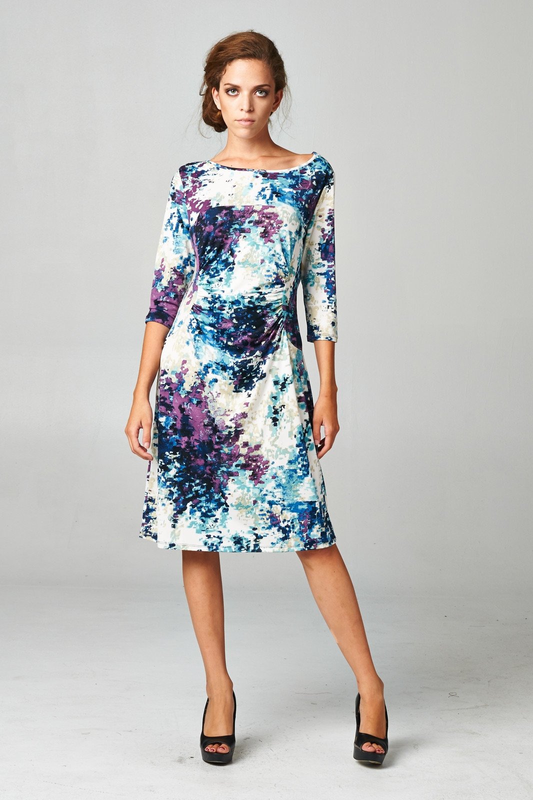 Women's 3/4 Three Quarter Sleeve Abstract Print Midi Dress - YuppyCollections