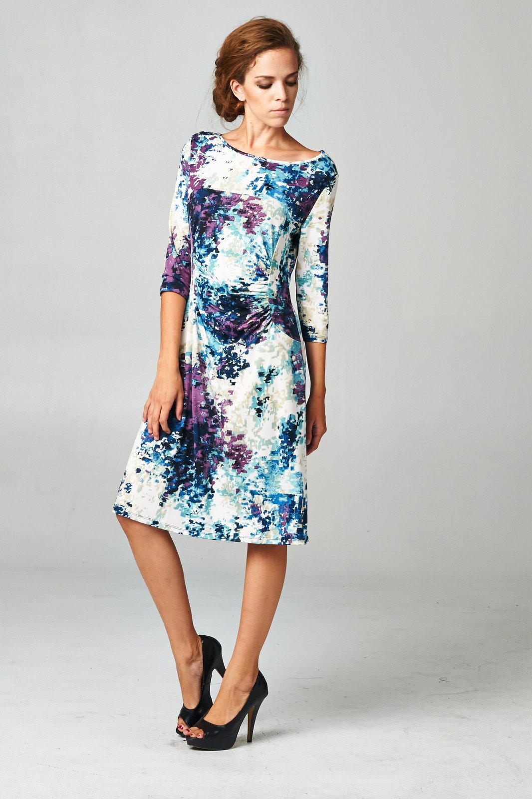 Women's 3/4 Three Quarter Sleeve Abstract Print Midi Dress - YuppyCollections