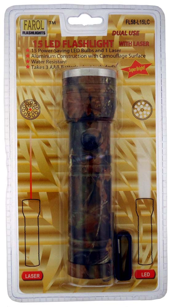 15 LED Flashlight with Red Pointer - Woodland Camouflage - 5 Inches Long  (FAROL: FL58-L15LC) - YuppyCollections