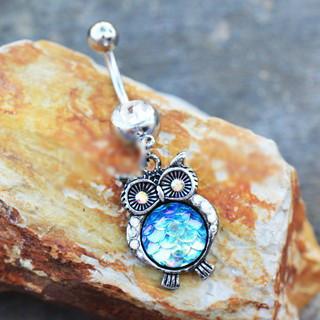 316L Stainless Steel Jeweled Rainbow Owl Dangle Navel Ring - YuppyCollections