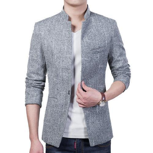 Mens Mandarin Collar Blazer in Darky Gray - YuppyCollections