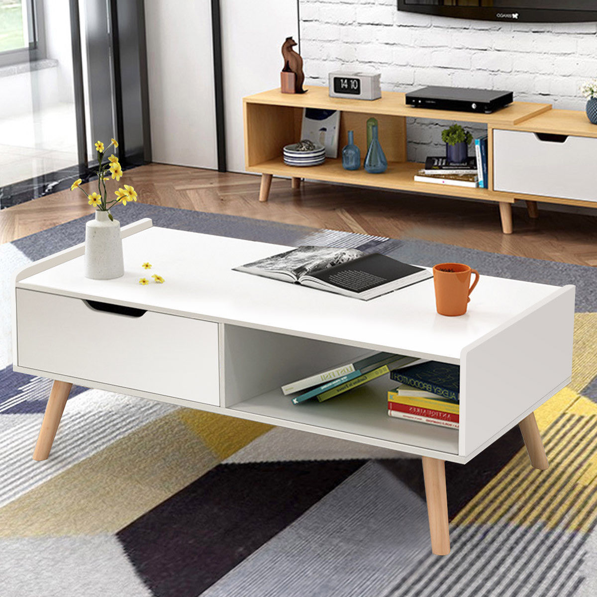 Costway Modern Coffee Table Side End Table Cabinet With Drawers Solid Wood LegsCostway Modern Coffee Table Side End Table Cabinet With Drawers Solid Wood Legs - YuppyCollections