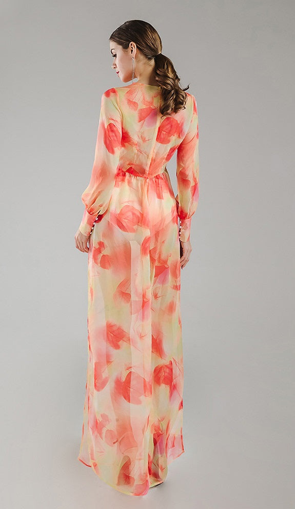 Orange Chiffon Floral Maxi Dress - YuppyCollections