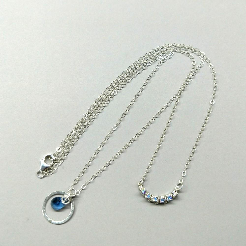 Silver Layered Blue Crystal Circle Crescent Necklace - YuppyCollections