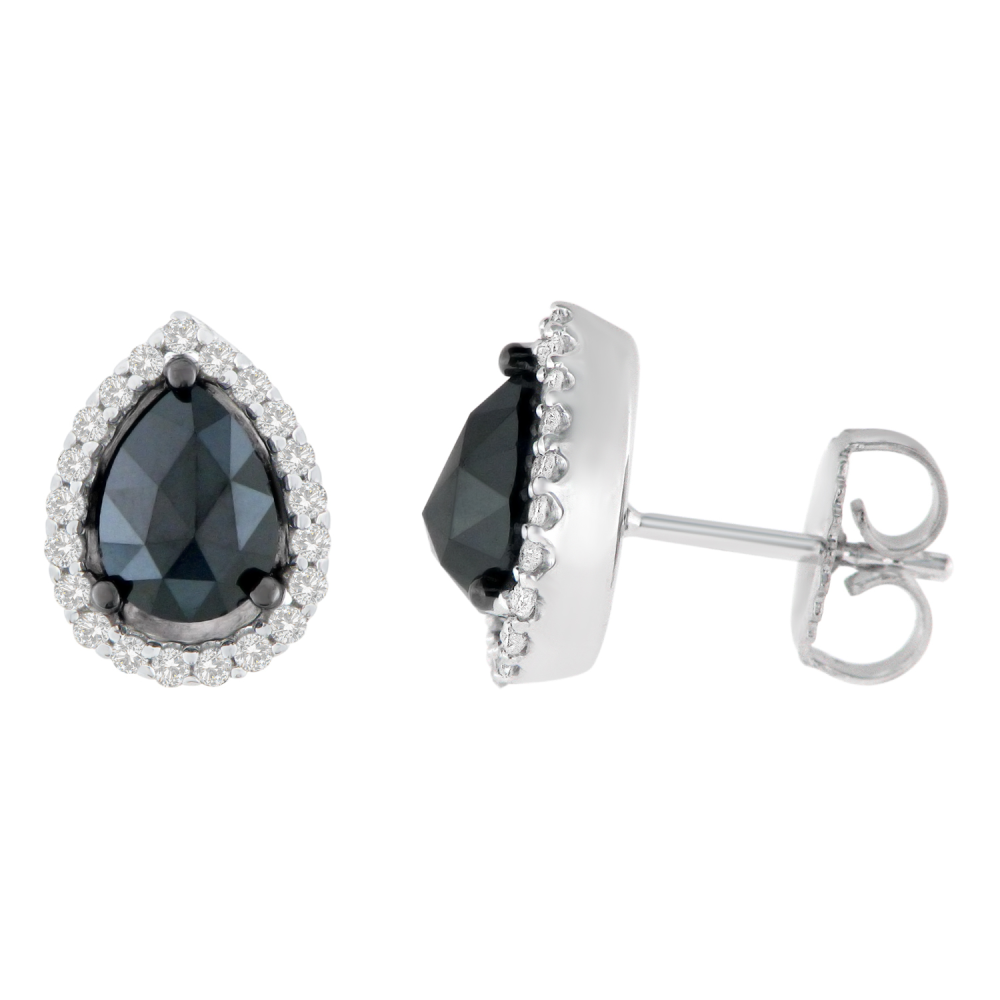 14K White Gold 2 1/4 CTTW Round and Pear-Cut Treated Black Diamond Stud Earrings (H-I, I2-I3) - YuppyCollections