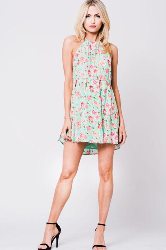 Floral Print Halter Mini Dress - YuppyCollections