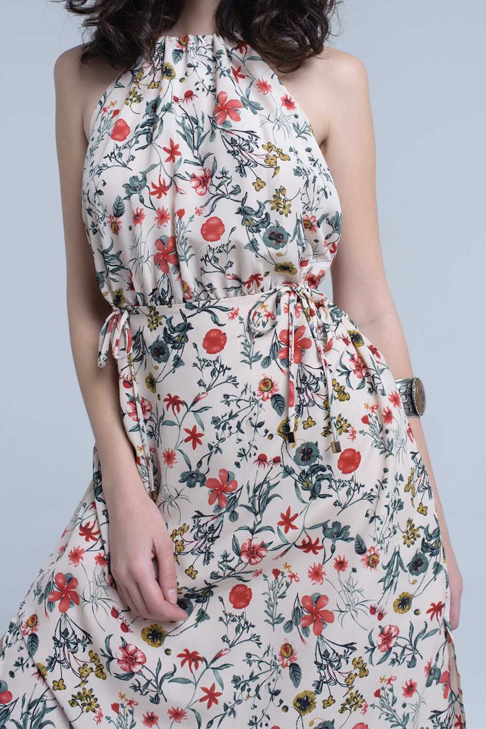 Beige floral high neck cut out midi dress - YuppyCollections