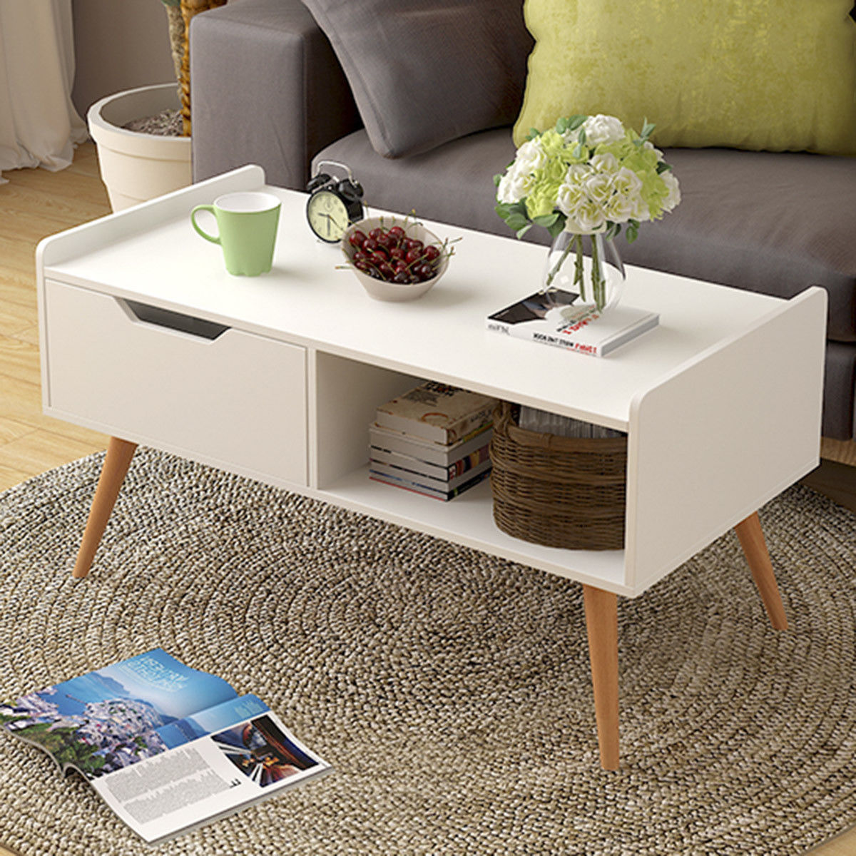 Costway Modern Coffee Table Side End Table Cabinet With Drawers Solid Wood LegsCostway Modern Coffee Table Side End Table Cabinet With Drawers Solid Wood Legs - YuppyCollections