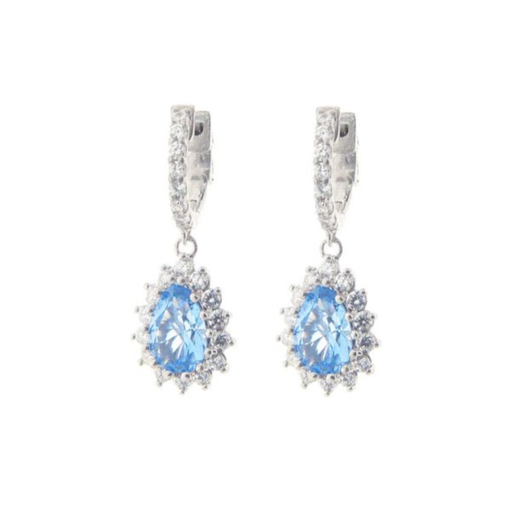 Sterling Silver Aqua Blue Cubic Zirconia Pear Pendant Huggie Hoop Earrings - YuppyCollections