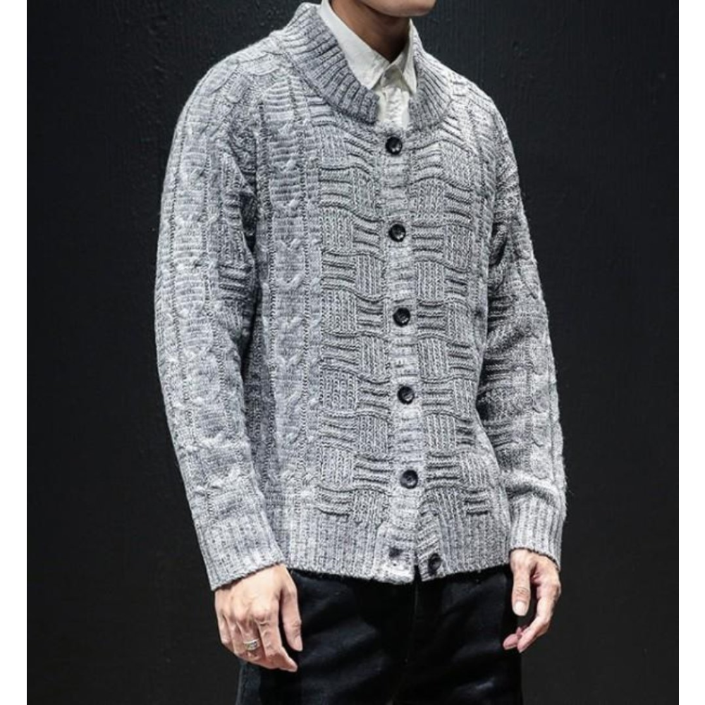 Mens Crew Neck Button Front Cardigan in Gray - YuppyCollections