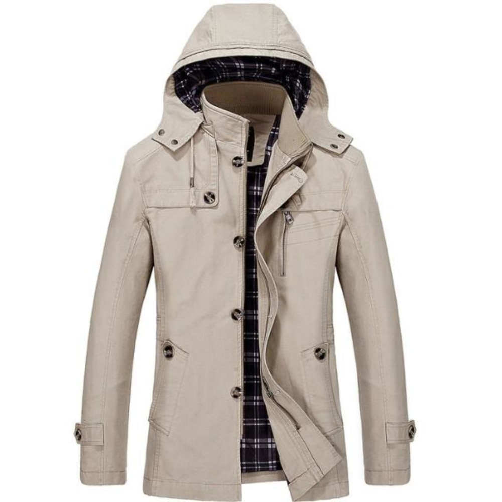 Mens Hooded Mid Length Winter Trench Coat in Beige - YuppyCollections