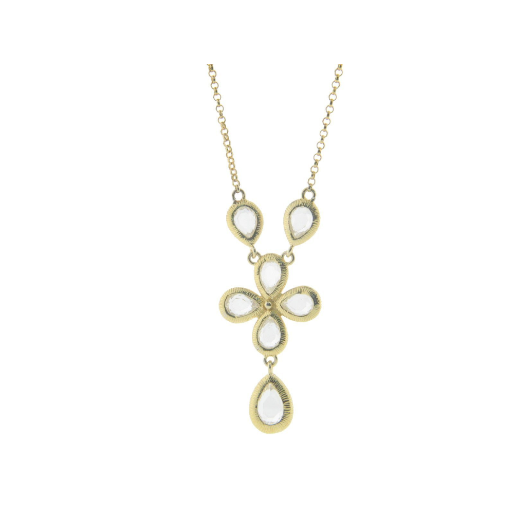 Dangling Flower Glamour Stone Necklace in Gold Plated Sterling Silver 16" + 2" - YuppyCollections