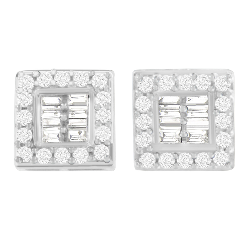 14K White Gold 1ct. TDW Round And Baguette-cut Stud Earrings (H-I,SI1-SI2) - YuppyCollections