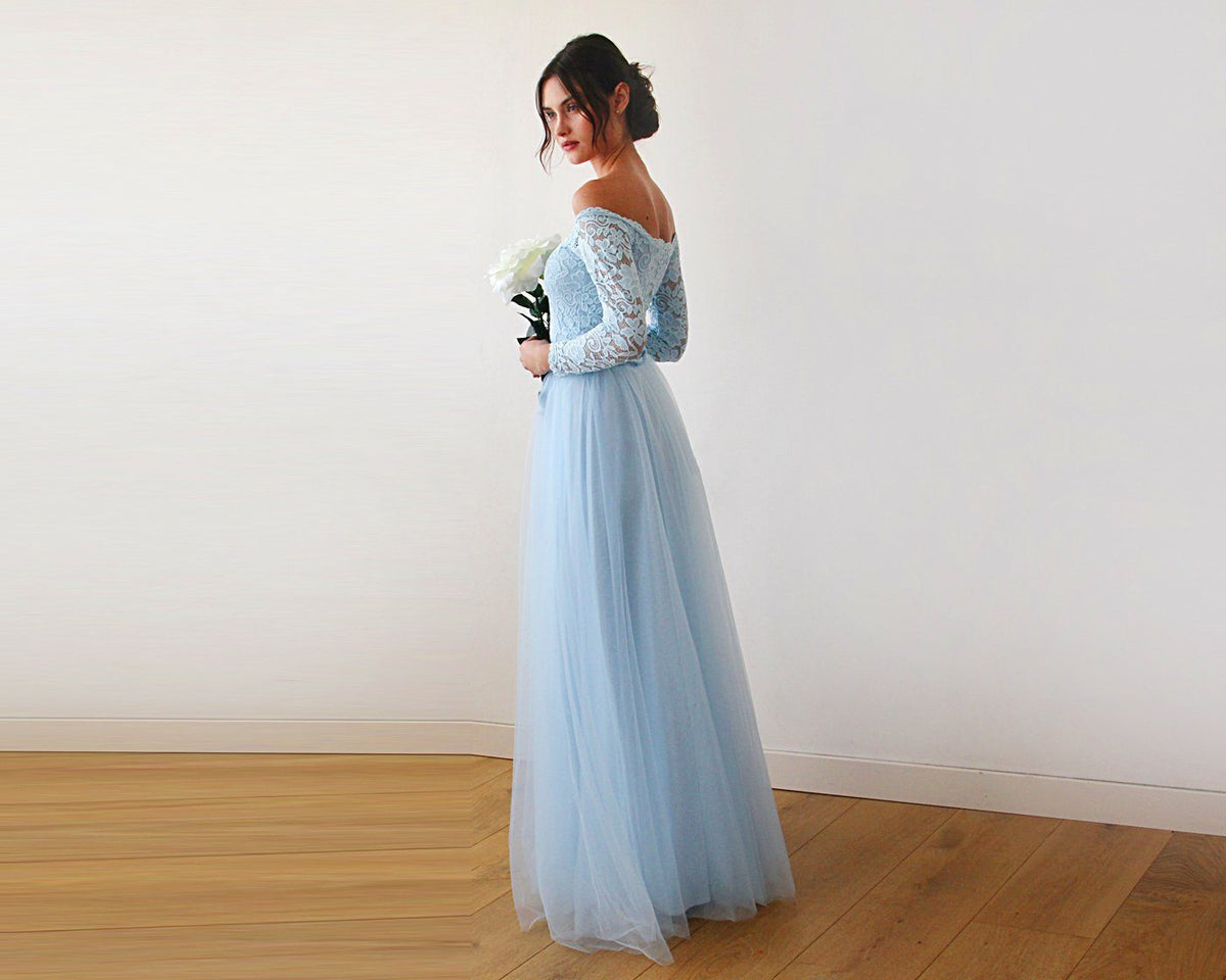 Light Blue  Off-The-Shoulder Lace and Tulle Maxi Dress 1134 - YuppyCollections