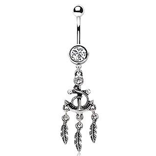 316L Stainless Steel Anchor and Feather Dangle Navel Ring - YuppyCollections