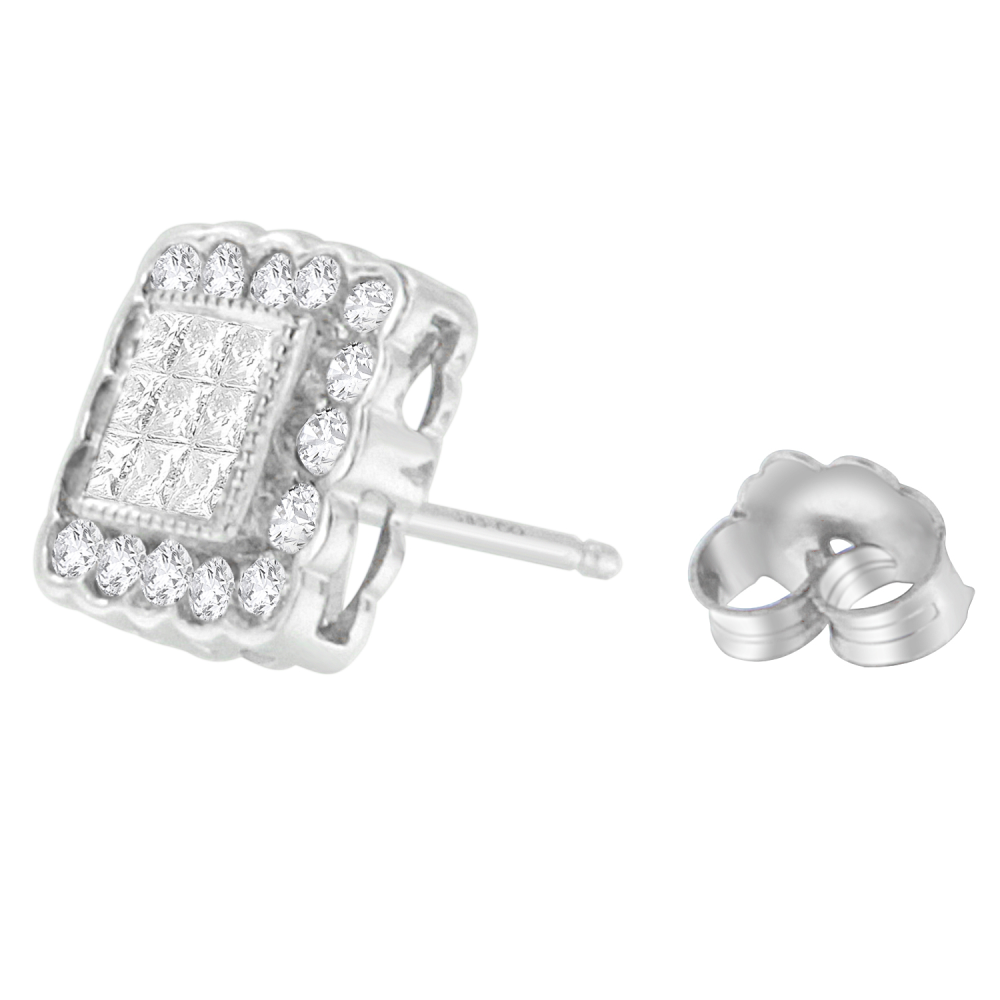 14K White Gold 1ct. TDW Round-cut and Princess-cut Diamond Stud Earring (G-H,SI1-SI2) - YuppyCollections