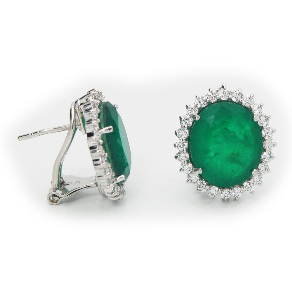 Crown Diana Oval Emerald Quartz Doublet Omega Clasp Stud Earrings - YuppyCollections