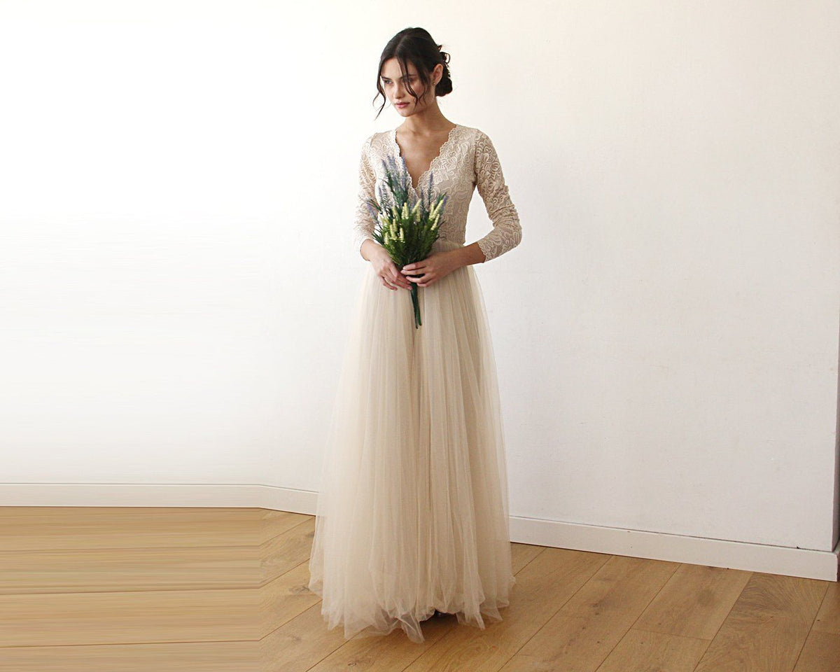 Champagne  Tulle and Lace Long Sleeve Wedding Maxi Dress 1125 - YuppyCollections