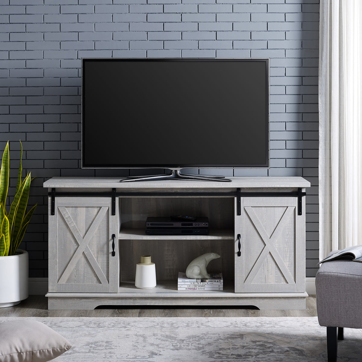 Manor Park 58" Modern Farmhouse Sliding Barn Door TV Stand - Stone GreyManor Park 58" Modern Farmhouse Sliding Barn Door TV Stand - Stone Grey - YuppyCollections