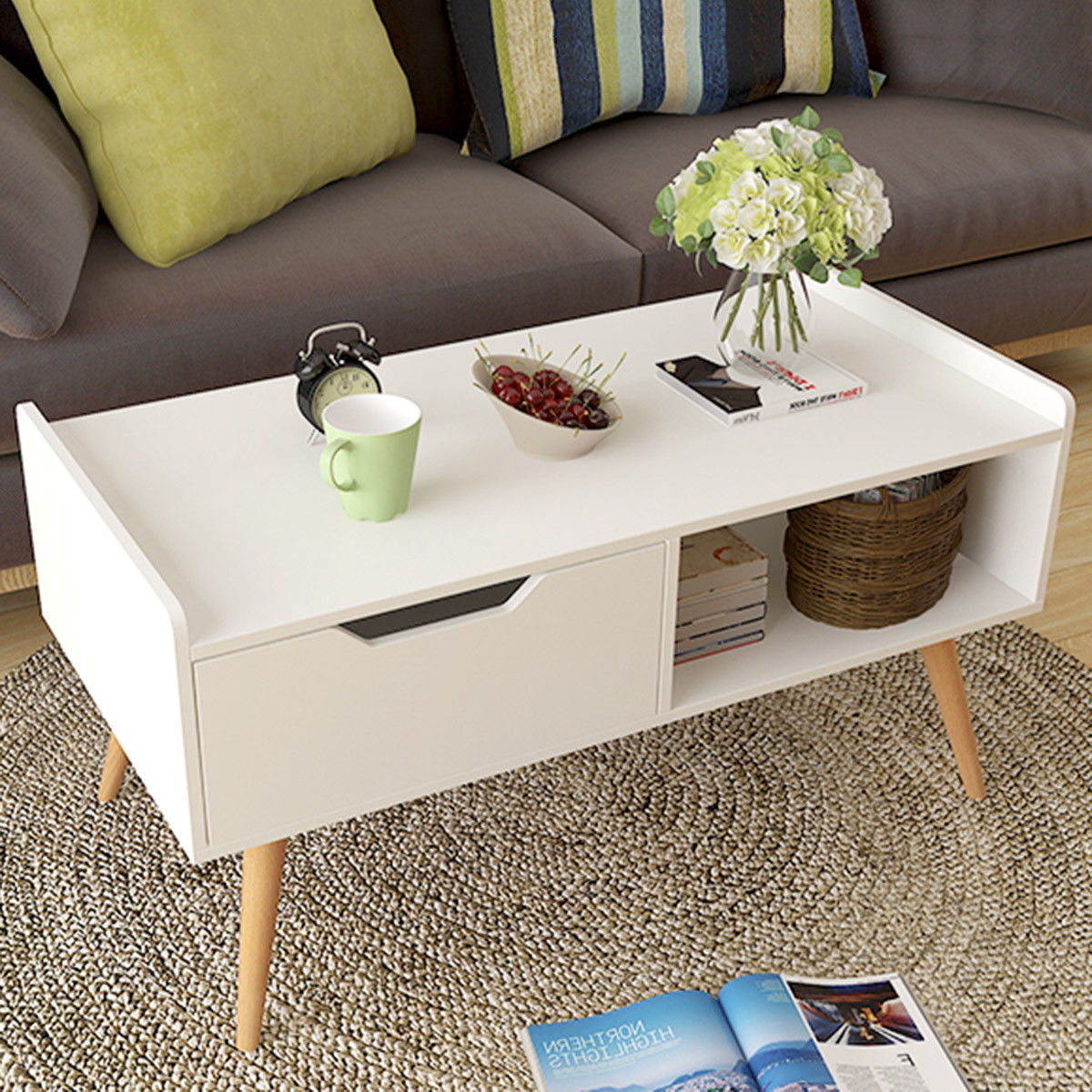 Costway Modern Coffee Table Side End Table Cabinet With Drawers Solid Wood LegsCostway Modern Coffee Table Side End Table Cabinet With Drawers Solid Wood Legs - YuppyCollections