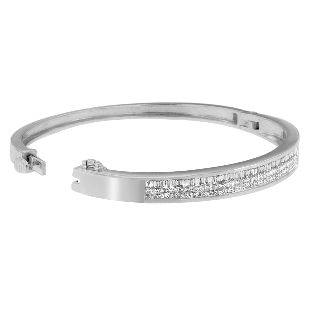 14K White Gold 2 1/10 ct.TDW Princess and Baguette Cut Diamond Classic Bangle (H-I,SI1-SI2) - YuppyCollections