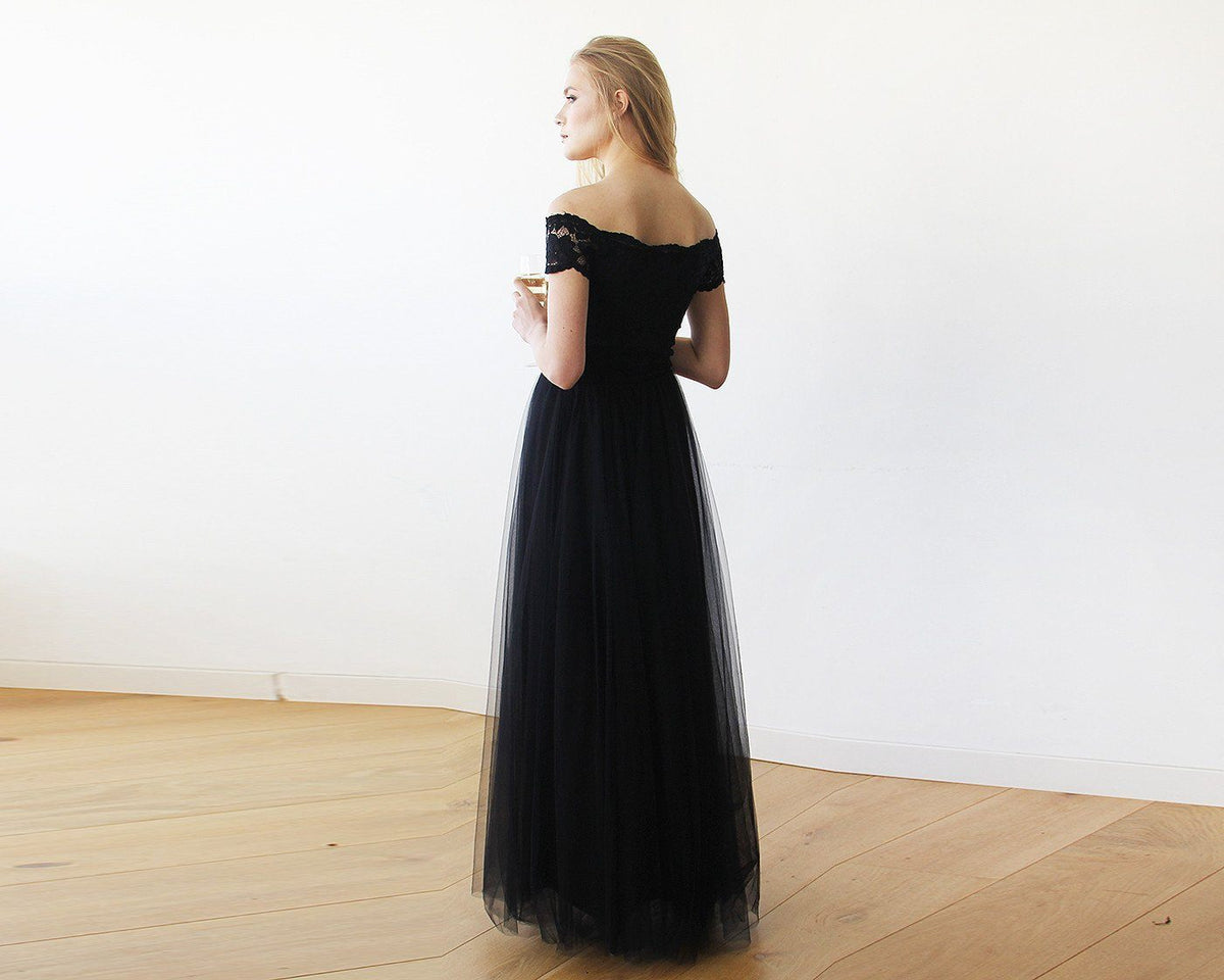 Black Lace Off-the-Shoulder Short Sleeve Tulle Maxi Dress 1139 - YuppyCollections