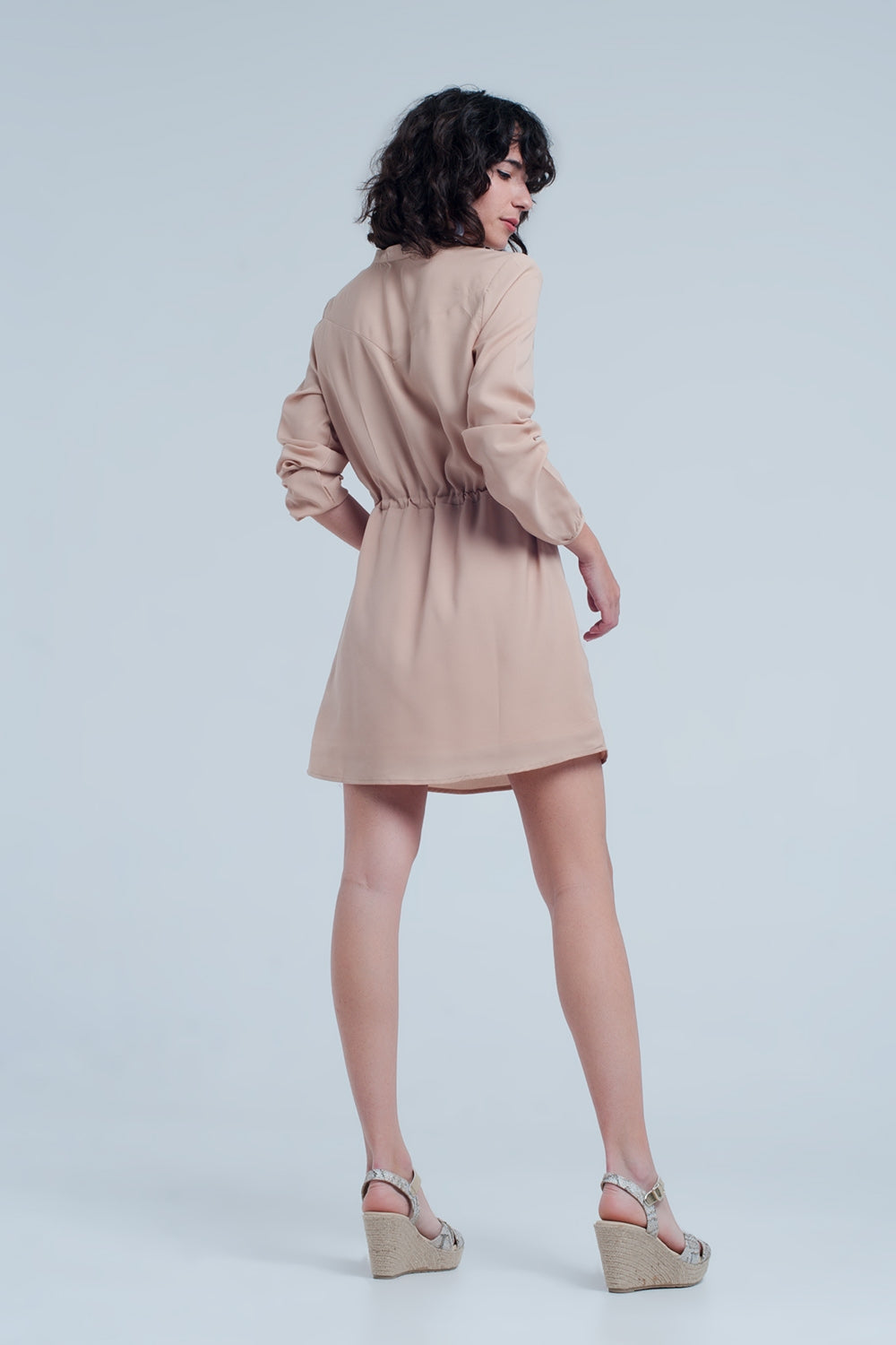 Beige tie waist shirt mini dress - YuppyCollections