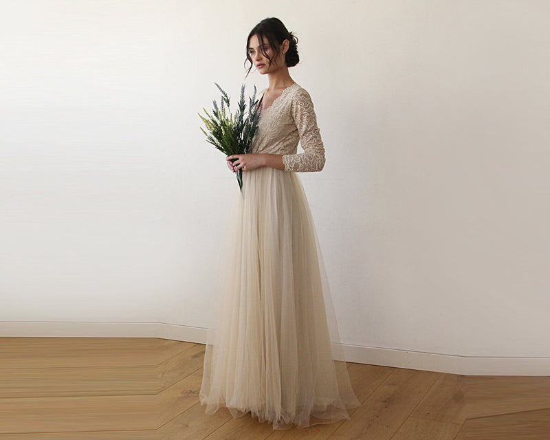 Champagne  Tulle and Lace Long Sleeve Wedding Maxi Dress 1125 - YuppyCollections