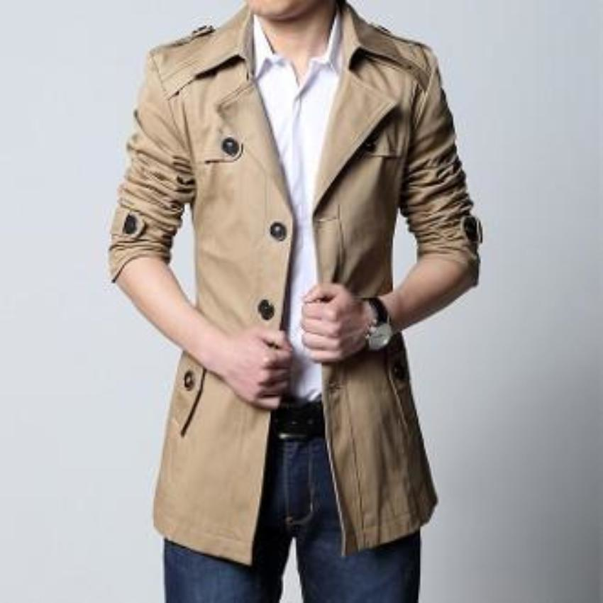 Mens Khaki Removable Hooded Trench Jacket - YuppyCollections