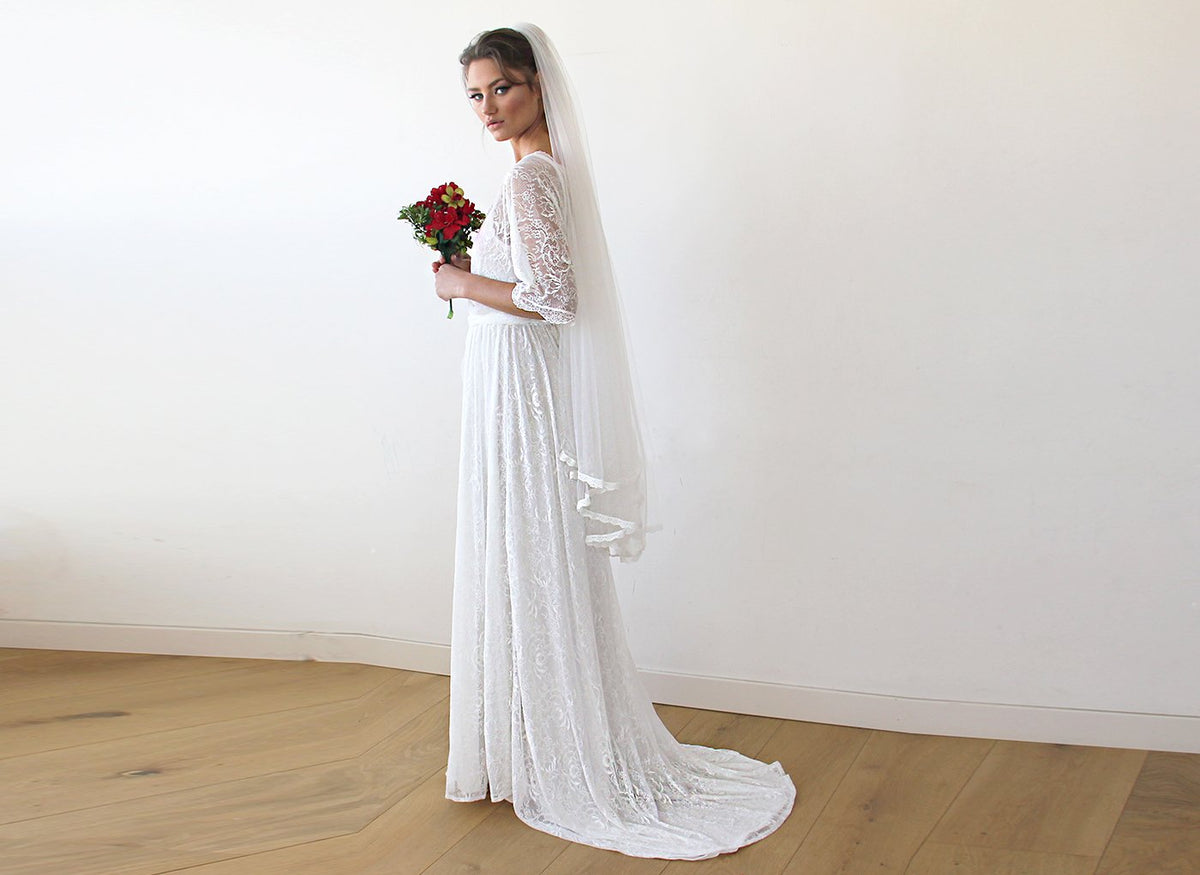 Floral Lace Ivory Sheer Maxi Dress With Train 1165 - YuppyCollections