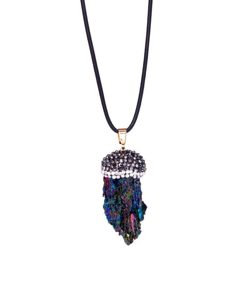 Rough Iridescent Stone and Crystal Pave Leather Pendant Necklace - YuppyCollections