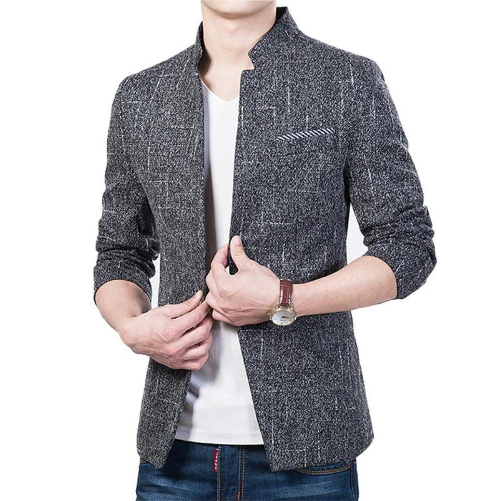 Mens Mandarin Collar Blazer in Darky Gray - YuppyCollections