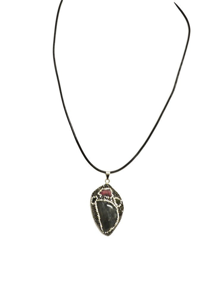 Pave Crystal and Stone Pendant on Leather Necklace - YuppyCollections