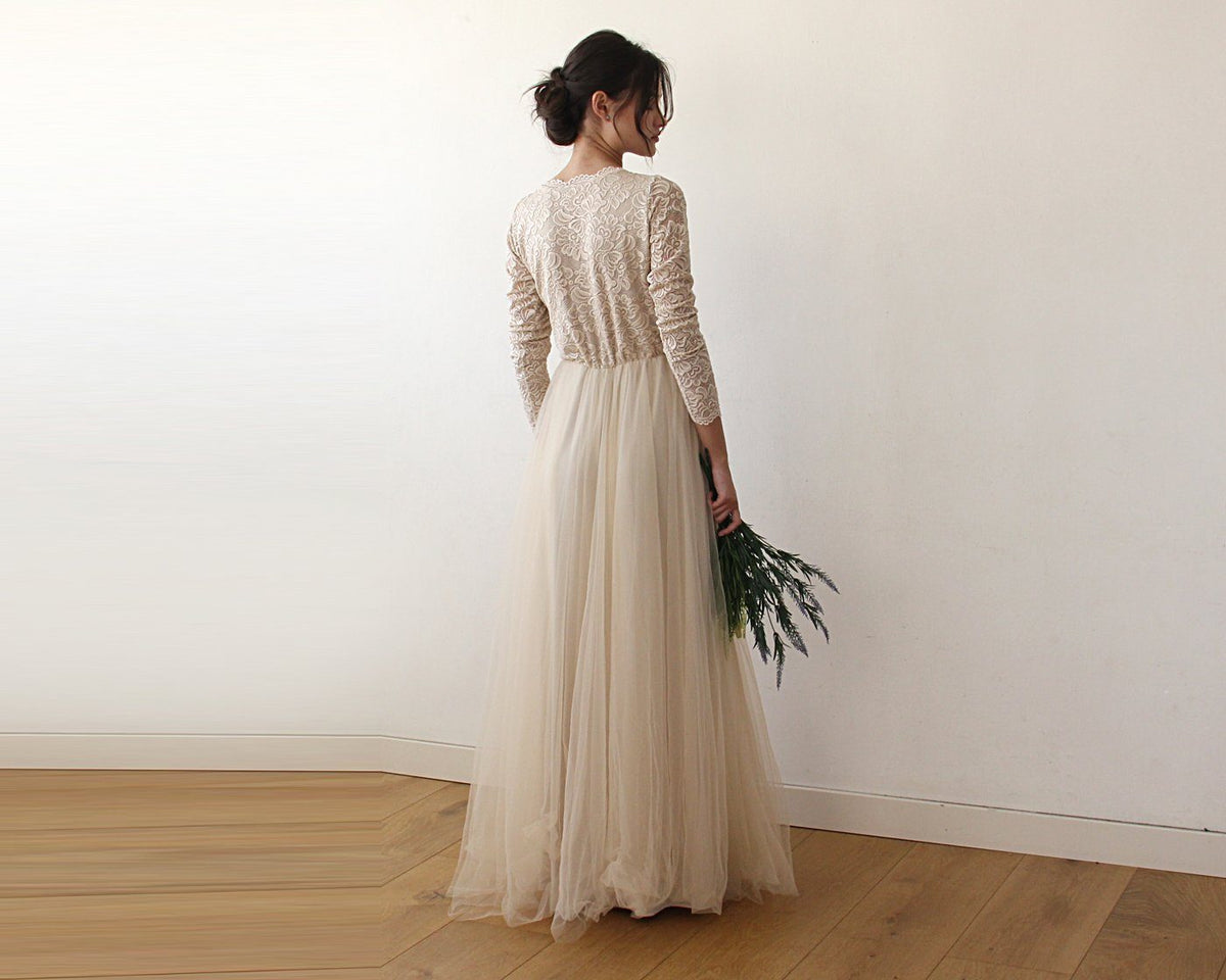 Champagne  Tulle and Lace Long Sleeve Wedding Maxi Dress 1125 - YuppyCollections