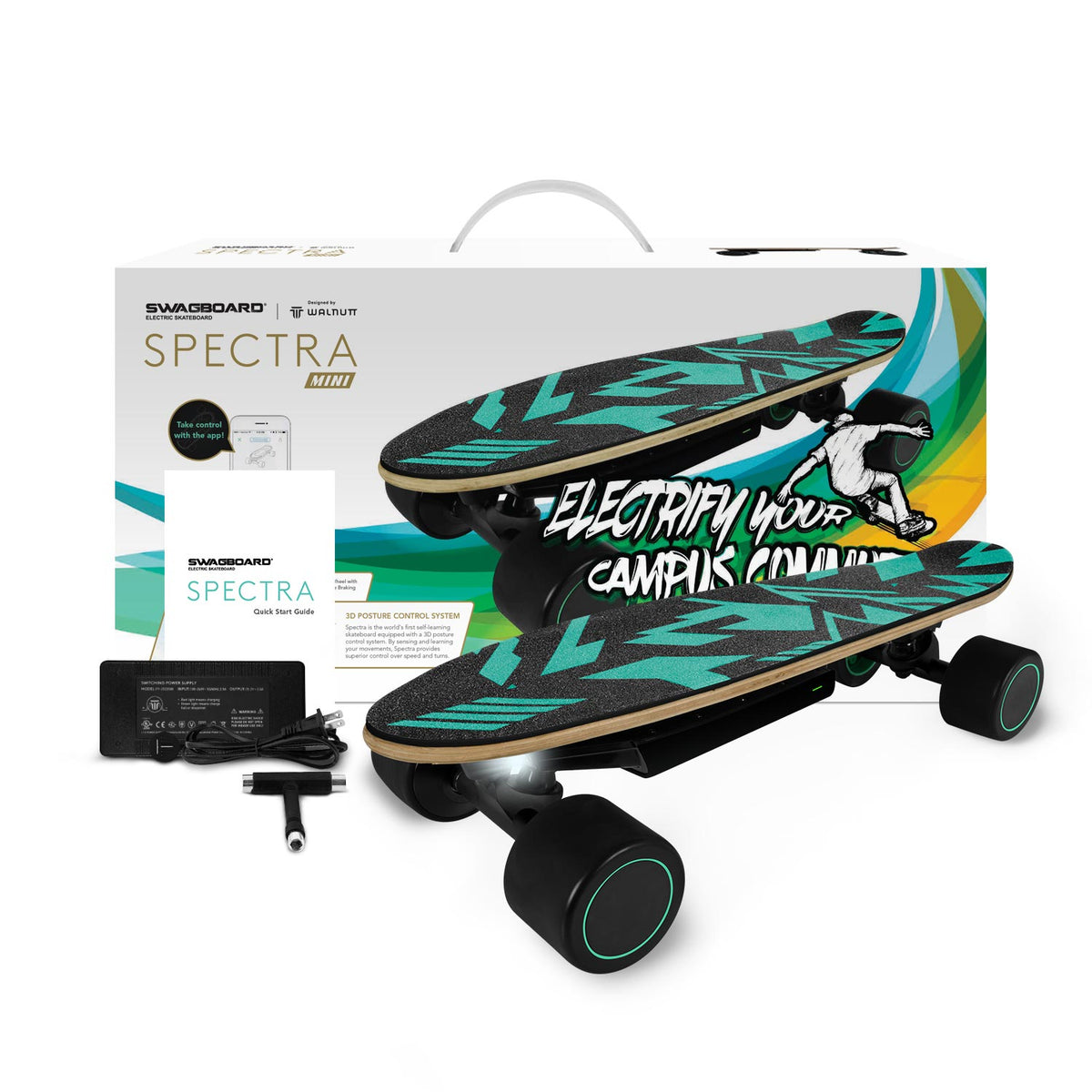 SWAGTRON Swagskate Spectra Mini AI Electric Skateboard – Hands Free Cruiser Skateboard with App, 5.6 MI per Charge, 9.3 MPH, Fast Charging Remote Control SkateboardSWAGTRON Swagskate Spectr